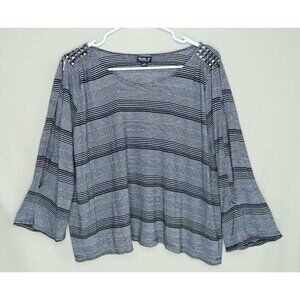 Allen B by Allen Schwartz Striped Top Ivory and Black Studded Open Sleeves Boxy